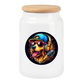 Chien Golden Retriever avec lunettes de soleil et casquette - Boîte à biscuits avec couvercle en bois - blanc - Devant