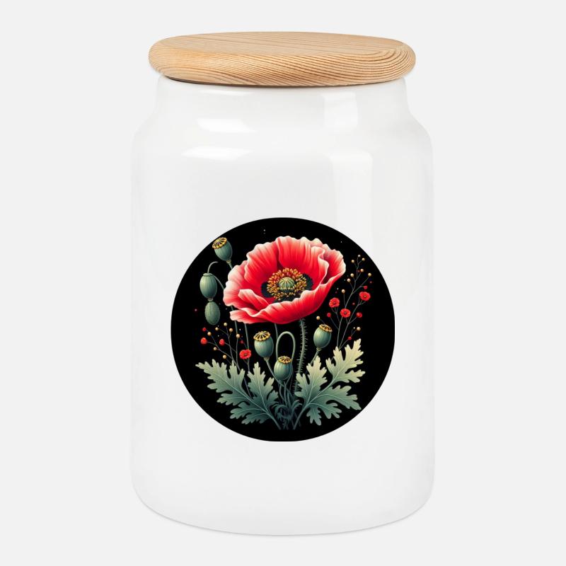 Blumenmotiv Mohnblume Schwarzer Hintergrund - Keksdose mit Holzdeckel - Weiß