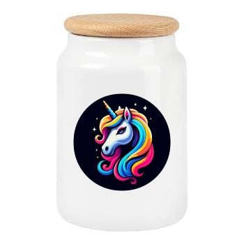 Licorne Multicolore Tête d’étoile noire - Boîte à biscuits avec couvercle en bois - blanc - Devant