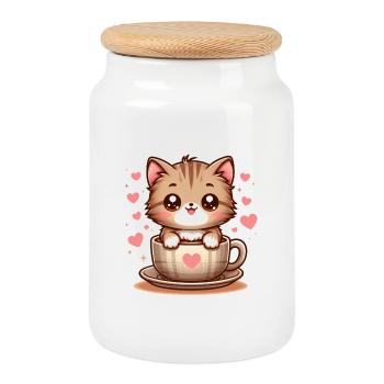 Chat avec tasse à café 2 - Boîte à biscuits avec couvercle en bois - blanc - Devant