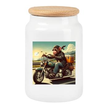Monkey on motorbike - Cookie Jar with Wooden Lid - white - Front