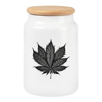 Monochrome Cannabis Leaf on Black - Cookie Jar with Wooden Lid - white - Front
