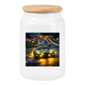 Voiture de course dans la lumière du soir Virage - Boîte à biscuits avec couvercle en bois - blanc - Devant