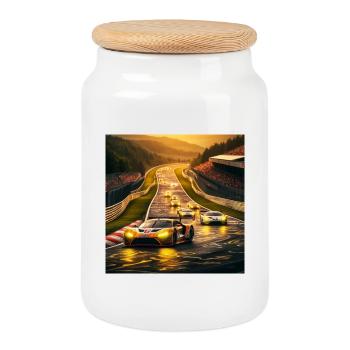 Piste de course à la lumière du soir - Boîte à biscuits avec couvercle en bois - blanc - Devant