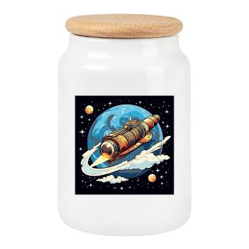 Raketenflug durchs All - Keksdose mit Holzdeckel - Weiß - Vorne