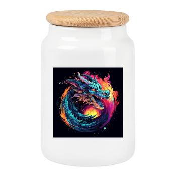 Neon dragon in the circle of stars - Cookie Jar with Wooden Lid - white - Front