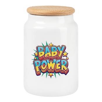 Conception de style bande dessinée Baby Power - Boîte à biscuits avec couvercle en bois - blanc - Devant