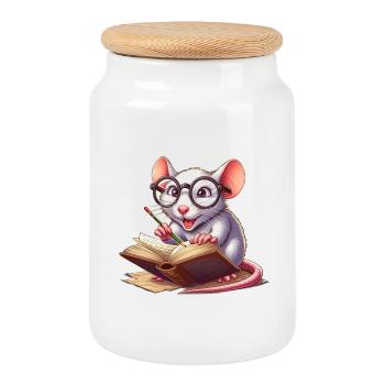 Bookworm with glasses - Cookie Jar with Wooden Lid - white - Front
