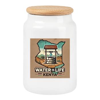 Wasser ist Leben – Kenia Brunnen - Keksdose mit Holzdeckel - Weiß - Vorne