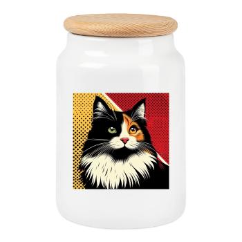 Cat 1 2 - Cookie Jar with Wooden Lid - white - Front