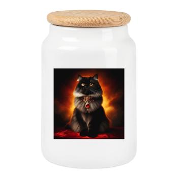 cat 3 4 - Cookie Jar with Wooden Lid - white - Front