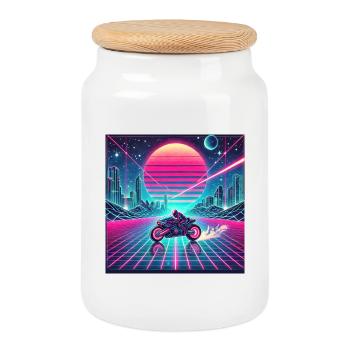 Neon Grid Odyssey – Synthwave meets Tron Legacy - Cookie Jar with Wooden Lid - white - Front
