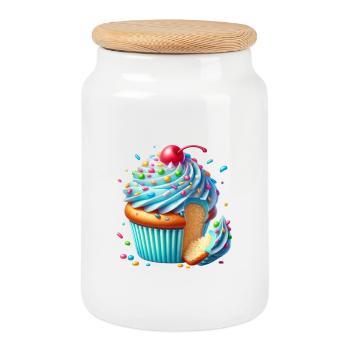 Blauer Cupcake mit bunten Streuseln - Keksdose mit Holzdeckel - Weiß - Vorne