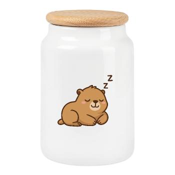 Sleeping bear in pastel browns - Cookie Jar with Wooden Lid - white - Front