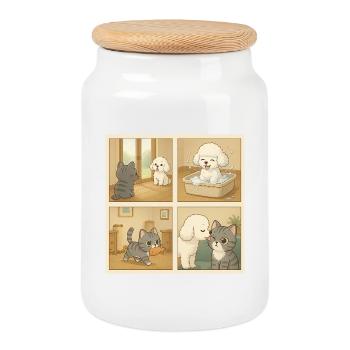 Scène adorable avec des chiens et des chats à la maison - Boîte à biscuits avec couvercle en bois - blanc - Devant