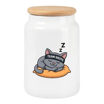 Team Sieste – Le Chat Roi de la Détente - Boîte à biscuits avec couvercle en bois - blanc - Devant