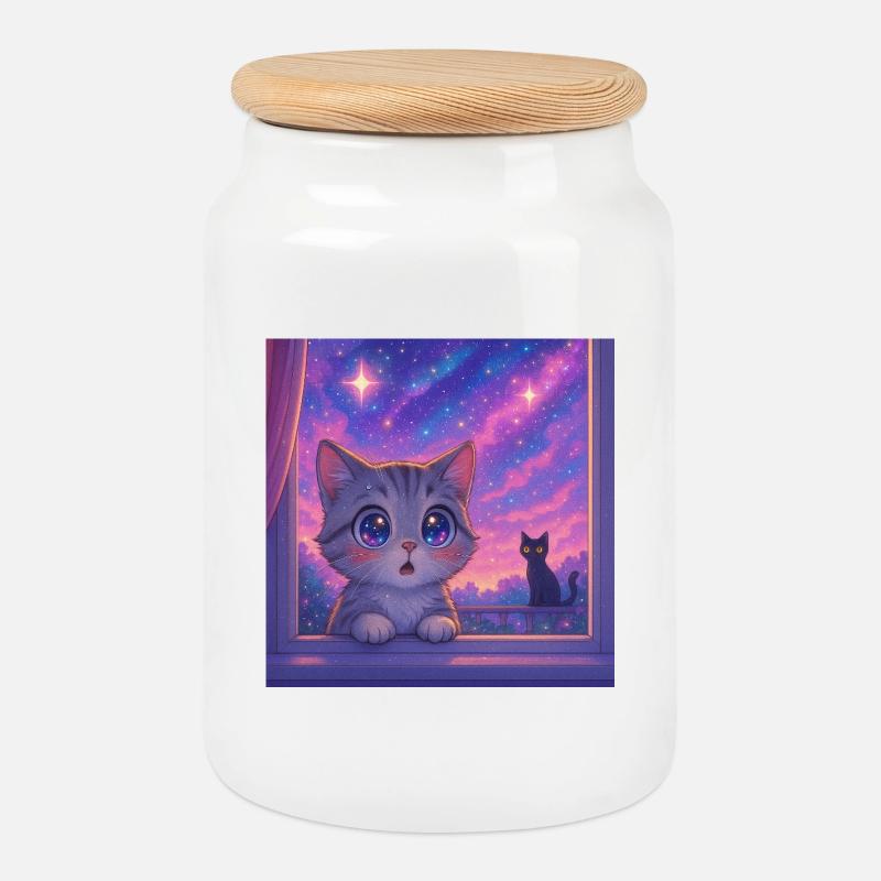 Kosmische Katze mit Sternenaugen - Keksdose mit Holzdeckel - Weiß