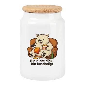 Dicker Eisbär - Bin nicht dick, bin Kuschelig! - Keksdose mit Holzdeckel - Weiß - Vorne