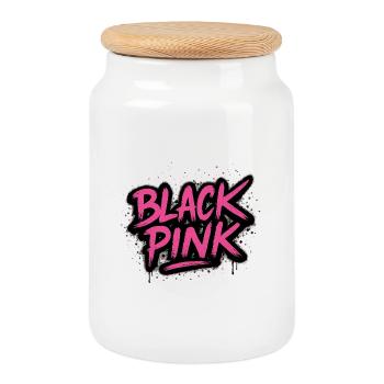 Black pink - Cookie Jar with Wooden Lid - white - Front