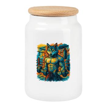 Wolf-strong gym strength - Cookie Jar with Wooden Lid - white - Front