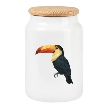 Low Poly Tukan – Geometrischer Tropenvogel - Keksdose mit Holzdeckel - Weiß - Vorne