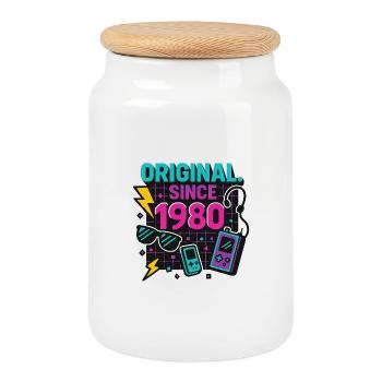 Langue source. Depuis 1980 – Neon Edition Année de naissance - Boîte à biscuits avec couvercle en bois - blanc - Devant