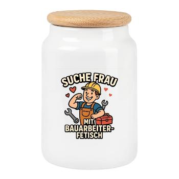 Seeking Woman With Construction Worker Fetish - Cookie Jar with Wooden Lid - white - Front