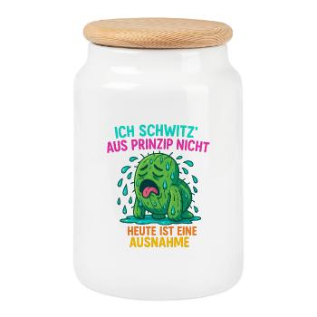 Witziges Kaktus Design – „Ich schwitz’ aus Prinzip - Keksdose mit Holzdeckel - Weiß - Vorne