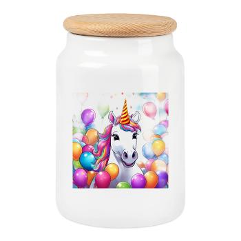 Fête d’anniversaire magique de licorne avec des ballons - Boîte à biscuits avec couvercle en bois - blanc - Devant