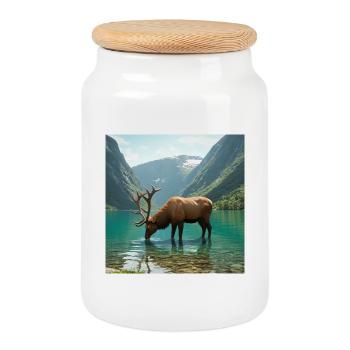 Alpine deer at the quiet lake - Cookie Jar with Wooden Lid - white - Front