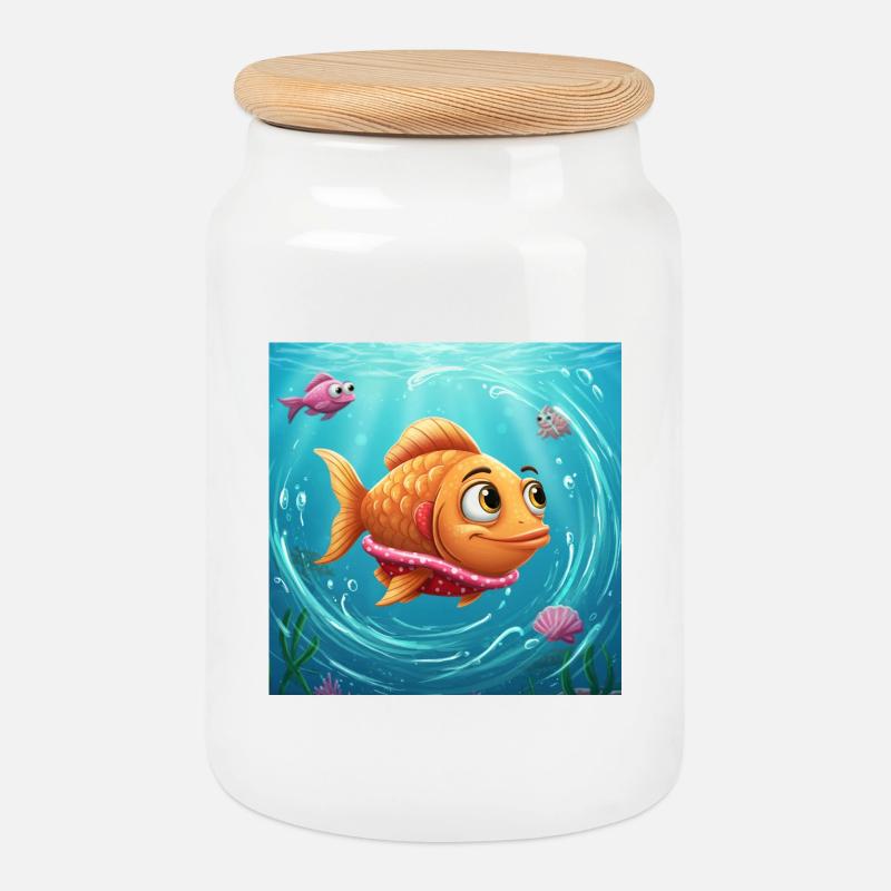 Verspielter Goldfisch in buntem Wasser - Keksdose mit Holzdeckel - Weiß
