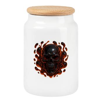 Flammender Totenkopf - Keksdose mit Holzdeckel - Weiß - Vorne