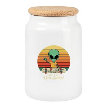 Alien Skater - Tattoo - Old School - Keksdose mit Holzdeckel - Weiß - Vorne