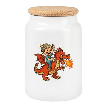 Petit viking sur dragon - Boîte à biscuits avec couvercle en bois - blanc - Devant