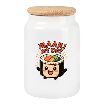 Maaki My Day – Chemise Sushi Maki Drôle en Manga - Boîte à biscuits avec couvercle en bois - blanc - Devant