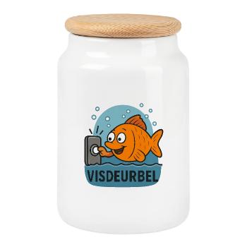 Fishing Fun Fish Doorbell Cartoon Design - Cookie Jar with Wooden Lid - white - Front