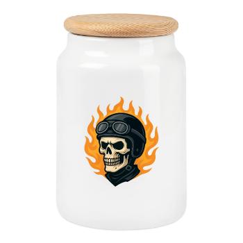 Crâne biker stylisé casque et flammes - Boîte à biscuits avec couvercle en bois - blanc - Devant