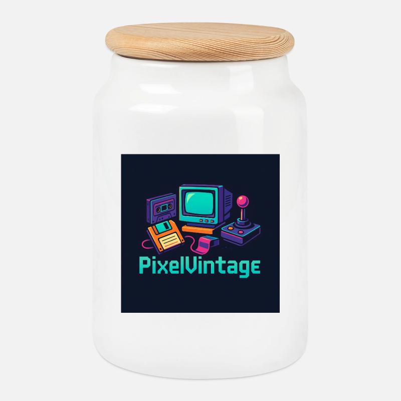 Retro Computer and Pixel Console - Cookie Jar with Wooden Lid - white