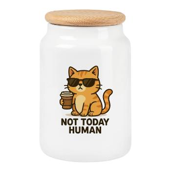Not today, Human – Coffee Cat Design - Cookie Jar with Wooden Lid - white - Front