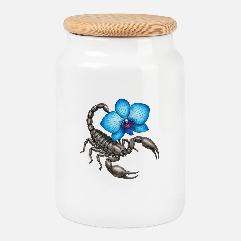 Skorpion mit blauer Orchidee - Keksdose mit Holzdeckel - Weiß