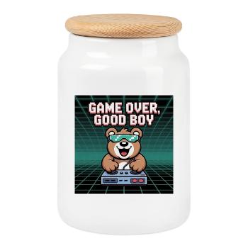 Retro Gaming Cute DJ Bear - Cookie Jar with Wooden Lid - white - Front