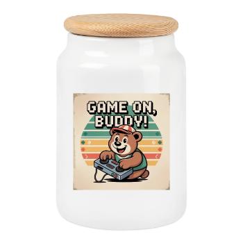 Cute Teddy Bear Player on T-shirt - Cookie Jar with Wooden Lid - white - Front