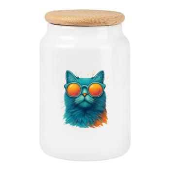 Cool Cat in Sunglasses - Cookie Jar with Wooden Lid - white - Front