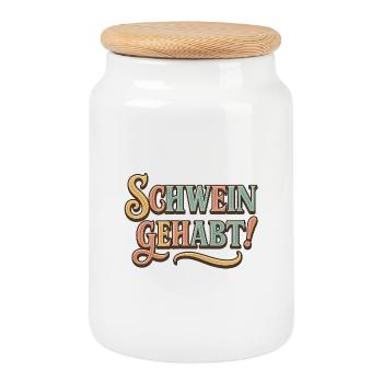 Schwein Gehabt! Vintage Typography - Cookie Jar with Wooden Lid - white - Front