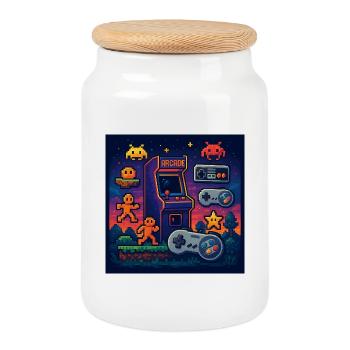 Retro Pixel Arcade Gaming Design - Cookie Jar with Wooden Lid - white - Front