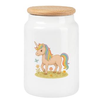 Buntes Einhorn mit Blumen und Schmetterling - Keksdose mit Holzdeckel - Weiß - Vorne