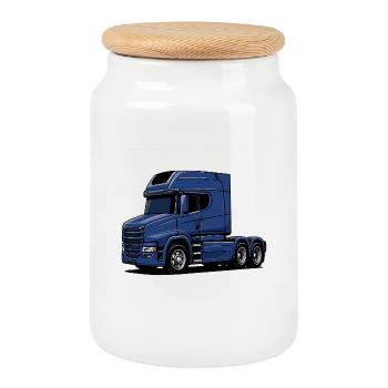 Blue Truck Style Illustration - Cookie Jar with Wooden Lid - white - Front