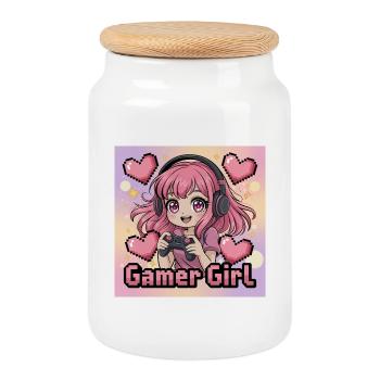 Pixel Art Gamer Mädchen Illustration - Keksdose mit Holzdeckel - Weiß - Vorne