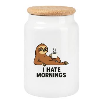 Faultier mit Kaffeetasse - Keksdose mit Holzdeckel - Weiß - Vorne