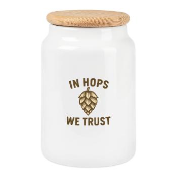 Dans le houblon, nous faisons confiance au texte avec les arômes de houblon - Boîte à biscuits avec couvercle en bois - blanc - Devant